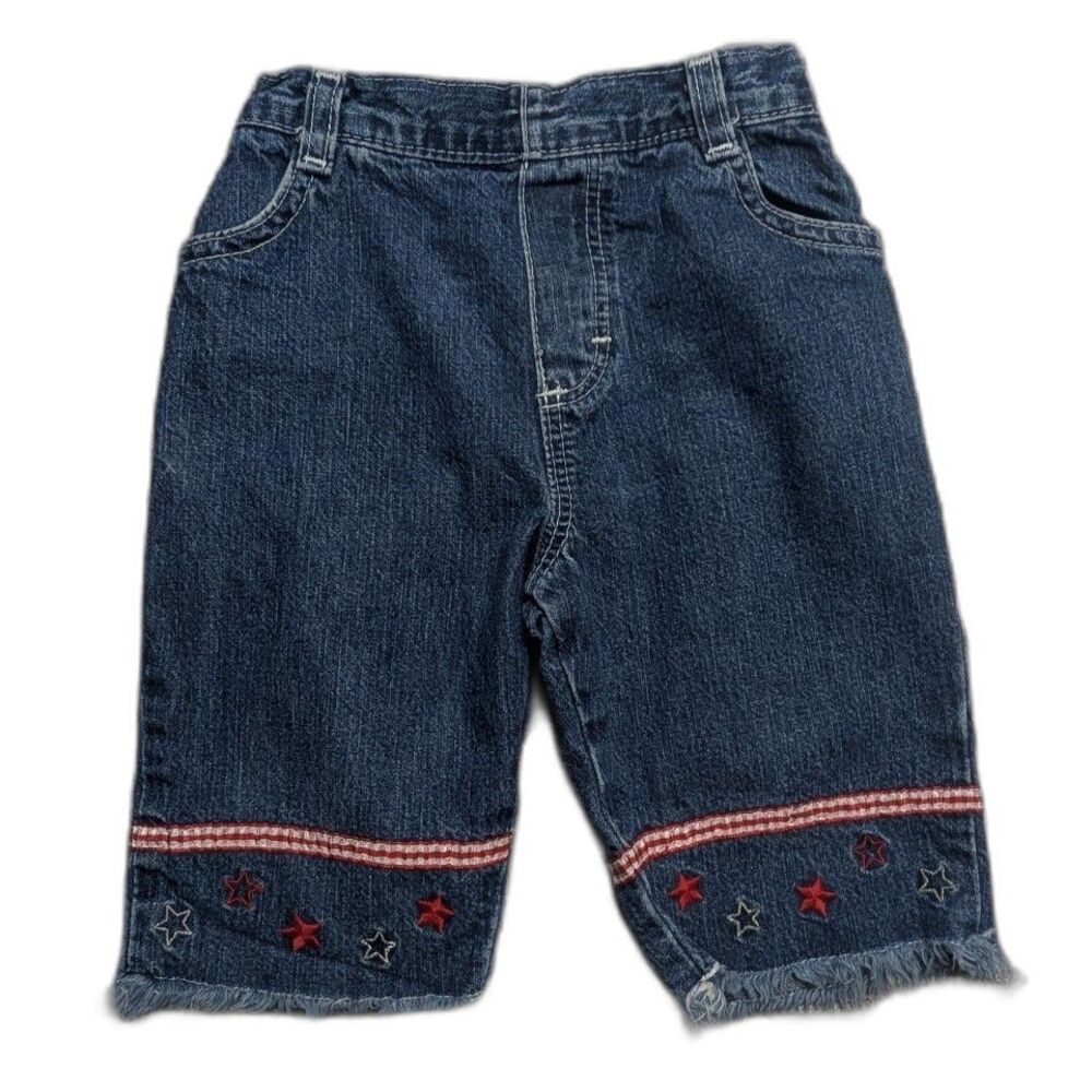 Vintage Baby B'Gosh Red/White/Blue Star Embroidered Jeans Frayed Cutoff Hem